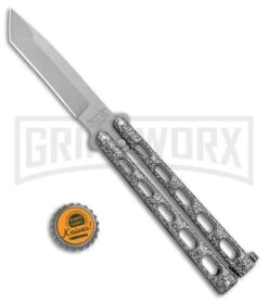 Bear & Son Knives 114A Large Silver Balisong Butterfly Knife - Blasted Tanto -Kershaw Sale Store Bear Butterfly Tanto Large Silver Vein BB BHQ 0663 jr bottlecap large