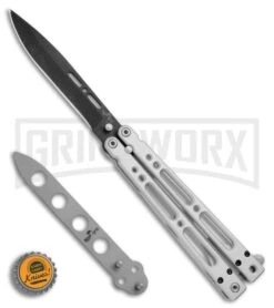 Bear OPS Bear Song IV Silver Balisong Butterfly Knife W/Trainer - Black Plain 11 Bear OPS Bear Song IV Silver Balisong Butterfly Knife W/Trainer - Black Plain -Kershaw Sale Store Bear Ops Bear Song IV Aluminum trainer black BHQ 74868 er bottlecap large