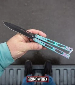 Bear Ops Bear Song IV Cyan Speckle Blue Butterfly Knife - Black -Kershaw Sale Store Bear Ops Bear Song IV Butterfly Knife Cyan Speckle Blue Black BHQ 83465 kp in hand web large
