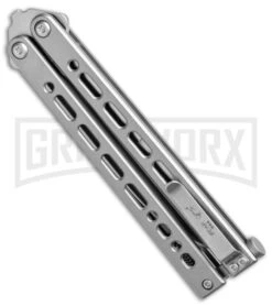 Bear Ops Bear Song VIII Small Gray Butterfly Knife - Bayonet Satin Plain -Kershaw Sale Store Bear Ops Bear Song VIII Small Butterfly Gray Satin Bayo BHQ 145125 jr side large