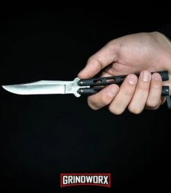 Bear And Son Knives 114 Large Balisong Butterfly Knife - Damascus Tanto -Kershaw Sale Store Bear Son 114B Large Butterfly Knife Black Satin BHQ 0364 kp in hand web large 4