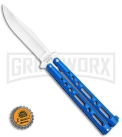 Bear & Son Knives Blue Large 117 Balisong Butterfly Knife - Satin Plain -Kershaw Sale Store Bear Son Butterfly Blue 117BL BHQ 114368 LS Bottlecap large