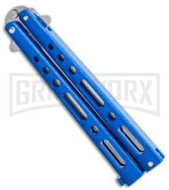 Bear & Son Knives Blue Large 117 Balisong Butterfly Knife - Satin Plain -Kershaw Sale Store Bear Son Butterfly Blue 117BL BHQ 114368 LS Side large