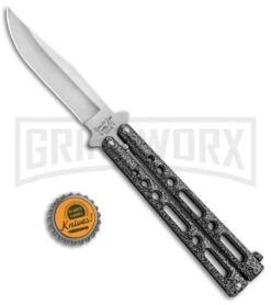 Bear & Son Knives Gray Large 117 Balisong Butterfly Knife - Satin Plain -Kershaw Sale Store Bear and Son 117 Large Butterfly Gray Satin BC117 BHQ 39154 jr bottlecap large