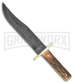 Bear & Son American Bowie India Stag Bone 12" Fixed Blade Knife - Damascus Plain