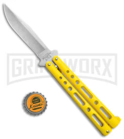 Bear & Son Knives Yellow Large 117 Balisong Butterfly Knife - Stonewash Plain -Kershaw Sale Store Bear and Son Butterfly Yellow SW BHQ 138996 jr bottlecap large