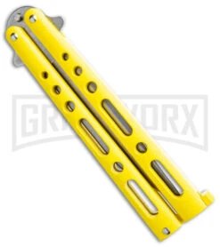Bear & Son Knives Yellow Large 117 Balisong Butterfly Knife - Stonewash Plain -Kershaw Sale Store Bear and Son Butterfly Yellow SW BHQ 138996 jr side large