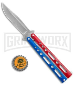Benchmark Red & Blue Epoxy Steel Butterfly Knife - Stonewash Plain -Kershaw Sale Store Benchmark Butterfly Red White Blue SW BHQ 143934 jr bottlecap large