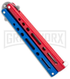 Benchmark Red & Blue Epoxy Steel Butterfly Knife - Stonewash Plain -Kershaw Sale Store Benchmark Butterfly Red White Blue SW BHQ 143934 jr side large 1