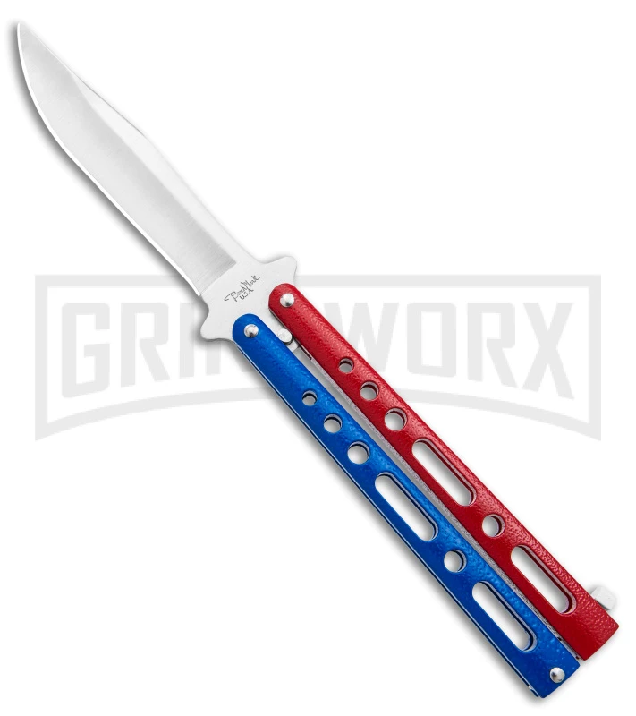 Benchmark Red & Blue Epoxy Steel Butterfly Knife - Satin Plain 1 Benchmark Red & Blue Epoxy Steel Butterfly Knife - Satin Plain