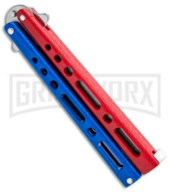 Benchmark Red & Blue Epoxy Steel Butterfly Knife - Satin Plain 6 Benchmark Red & Blue Epoxy Steel Butterfly Knife - Satin Plain -Kershaw Sale Store Benchmark Butterfly Red White Blue Satin BHQ 141219 jr side large