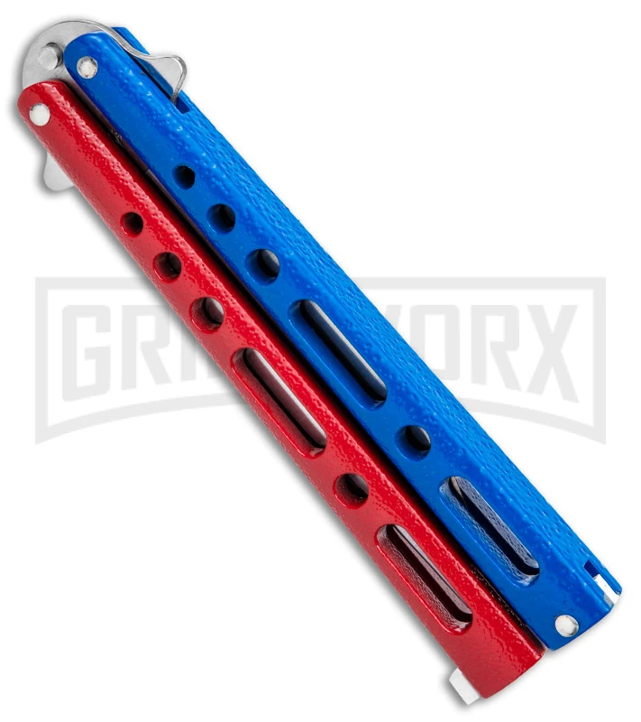 Benchmark Red & Blue Epoxy Steel Butterfly Knife - Satin Plain 2 Benchmark Red & Blue Epoxy Steel Butterfly Knife - Satin Plain - Image 2
