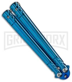 Chalkhill Balisong Black Butterfly Knife - Blue Tanto -Kershaw Sale Store Blue Balisong Clip Point Butterfly Knife Blue Finish GX 37656 td spine large