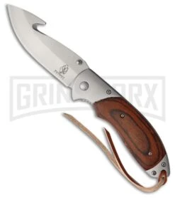 Buckshot Classic Catch Gut Hook Brown Pakkawood Spring Assisted Knife - Satin