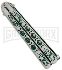 Butterfly Knife Green Dragon Etched Blade - Satin Tanto 6 Butterfly Knife Green Dragon Etched Blade - Satin Tanto -Kershaw Sale Store Butterfly Knife Green Dragon Etched Blade PK4 GX 32065 jr side large