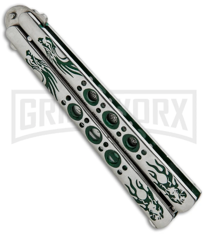 Butterfly Knife Green Dragon Etched Blade - Satin Tanto 2 Butterfly Knife Green Dragon Etched Blade - Satin Tanto - Image 2