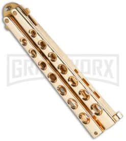 Flick Blue Balisong Butterfly Knife Gold - Drop Point Gold Plain -Kershaw Sale Store Flick Gold Balisong Butterfly Knife Satin Gold BUTT 2036GD GX 36719 jr side large
