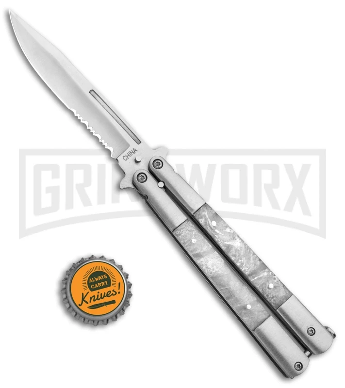 Regal White Swirl Balisong Butterfly Knife - Satin Serr 4 Regal White Swirl Balisong Butterfly Knife - Satin Serr - Image 4