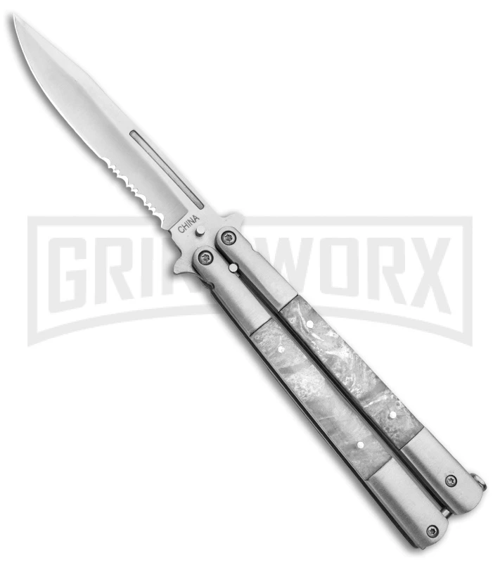Regal White Swirl Balisong Butterfly Knife - Satin Serr 1 Regal White Swirl Balisong Butterfly Knife - Satin Serr