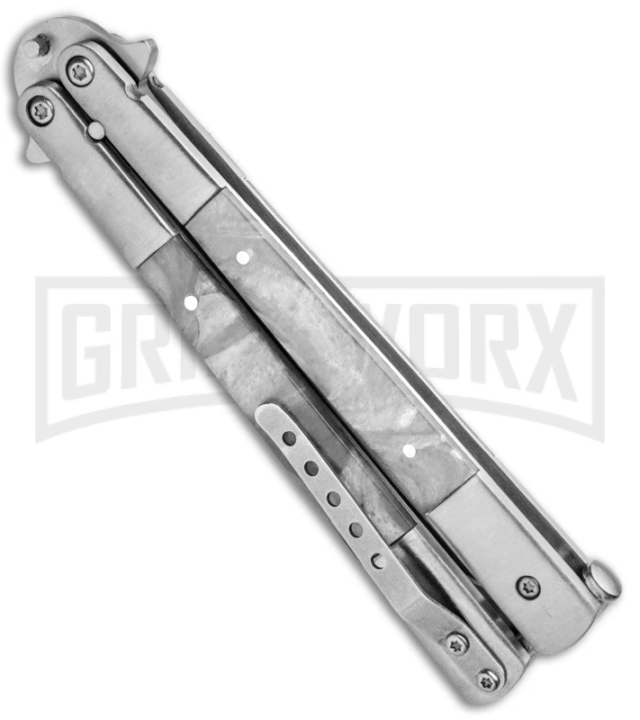 Regal White Swirl Balisong Butterfly Knife - Satin Serr 3 Regal White Swirl Balisong Butterfly Knife - Satin Serr - Image 3