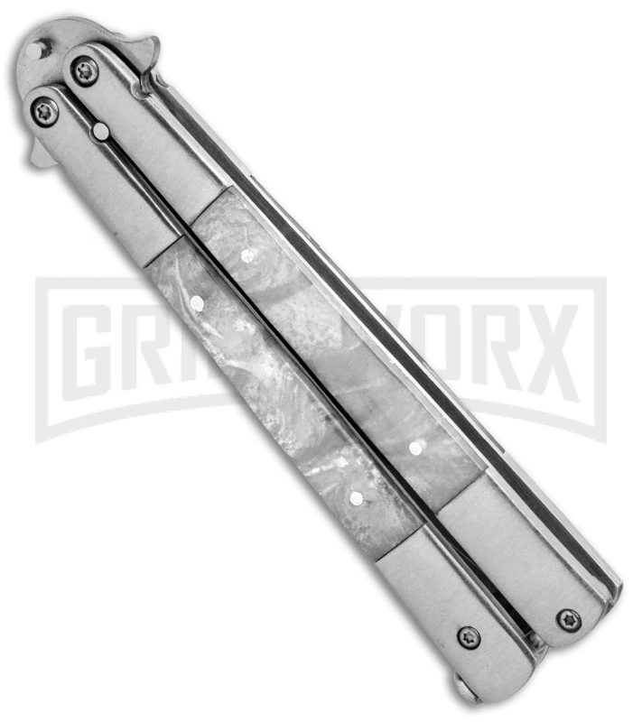 Regal White Swirl Balisong Butterfly Knife - Satin Serr 2 Regal White Swirl Balisong Butterfly Knife - Satin Serr - Image 2