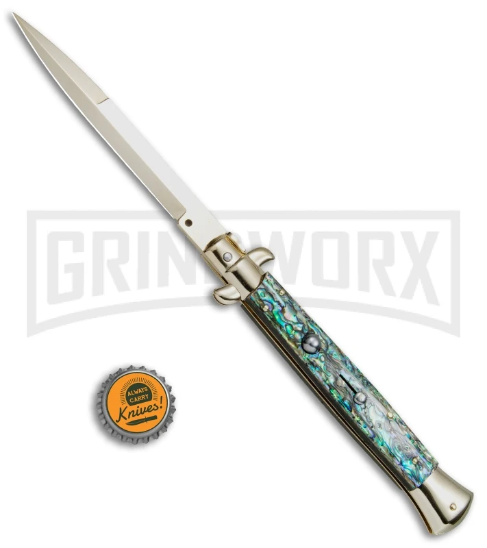 Frank B 11" Italian Stiletto Abalone Automatic Knife Gold - Gold Bayo 4 Frank B 11" Italian Stiletto Abalone Automatic Knife Gold - Gold Bayo - Image 4