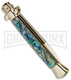 Frank B 11" Italian Stiletto Abalone Automatic Knife Gold - Gold Bayo 6 Frank B 11" Italian Stiletto Abalone Automatic Knife Gold - Gold Bayo -Kershaw Sale Store Frank B 11in Auto Italian Stiletto Abalone Bayo Gold BHQ 82054 jr side large