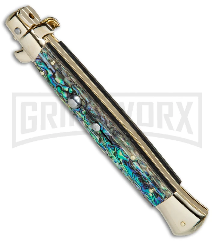 Frank B 11" Italian Stiletto Abalone Automatic Knife Gold - Gold Bayo 2 Frank B 11" Italian Stiletto Abalone Automatic Knife Gold - Gold Bayo - Image 2