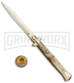 Frank B. 11" Italian Stiletto Honey Horn Automatic Knife - Bayonet Gold -Kershaw Sale Store Frank B 11in Italian Stiletto Auto Dagger Honey Horn Gold GX 30505 jr bottlecap large