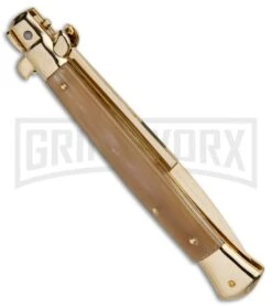 Frank B. 11" Italian Stiletto Honey Horn Automatic Knife - Bayonet Gold -Kershaw Sale Store Frank B 11in Italian Stiletto Auto Dagger Honey Horn Gold GX 30505 jr side large