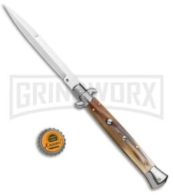 Frank B 11" Italian Stiletto Bayo Brazilian Horn Auto Knife - 5" Satin Plain -Kershaw Sale Store Frank B 11in Italian Stiletto Brazilian Horn Auto Bayo Satin GX 37576 jr bottlecap large 1