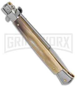 Frank B 11" Italian Stiletto Bayo Brazilian Horn Auto Knife - 5" Satin Plain -Kershaw Sale Store Frank B 11in Italian Stiletto Brazilian Horn Auto Bayo Satin GX 37576 jr side large 1