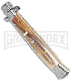 Frank B 11" Italian Stiletto Bayo Brazilian Horn Auto Knife - 5" Satin Plain -Kershaw Sale Store Frank B 11in Italian Stiletto Brazilian Horn Auto Bayo Satin GX 37576 jr spine large 1