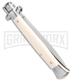 Frank B. 11" Italian Stilletto Sim Ivory Stiletto Automatic Knife - Satin Plain -Kershaw Sale Store Frank B 11in Ivory Stiletto AK Dagger 5in Satin BHQ 187490 td side large