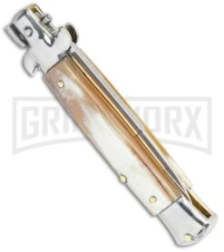 Frank B. Italian Stiletto 7.5" Honey Horn Automatic Knife - Polish Bayonet -Kershaw Sale Store Frank B 7.5in Italian Stiletto Honey Horn Auto Polish Bayo GX 36623 jr side large