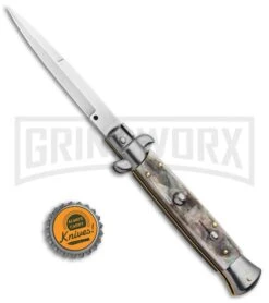Frank B 9" Italian Stiletto Black Lip Pearl Automatic Knife - Bayonet Satin -Kershaw Sale Store Frank B 9in Italian Stiletto Auto Bayo Black Lip Pearl Satin GX 32349 jr bottlecap large