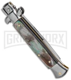 Frank B 9" Italian Stiletto Black Lip Pearl Automatic Knife - Bayonet Satin -Kershaw Sale Store Frank B 9in Italian Stiletto Auto Bayo Black Lip Pearl Satin GX 32349 jr side large