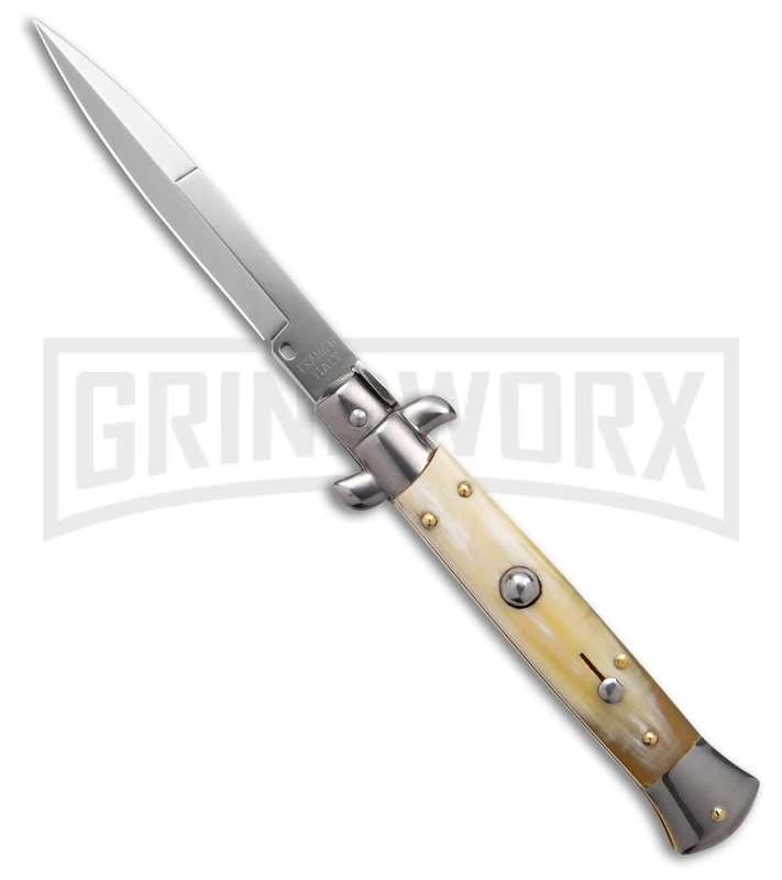 Frank B. 9" Italian Stiletto Blonde Horn Automatic Knife - Bayonet 1 Frank B. 9" Italian Stiletto Blonde Horn Automatic Knife - Bayonet