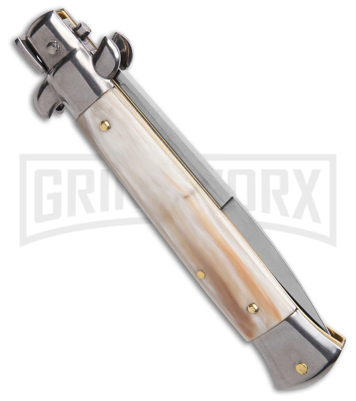Frank B. 9" Italian Stiletto Blonde Horn Automatic Knife - Bayonet 3 Frank B. 9" Italian Stiletto Blonde Horn Automatic Knife - Bayonet - Image 3