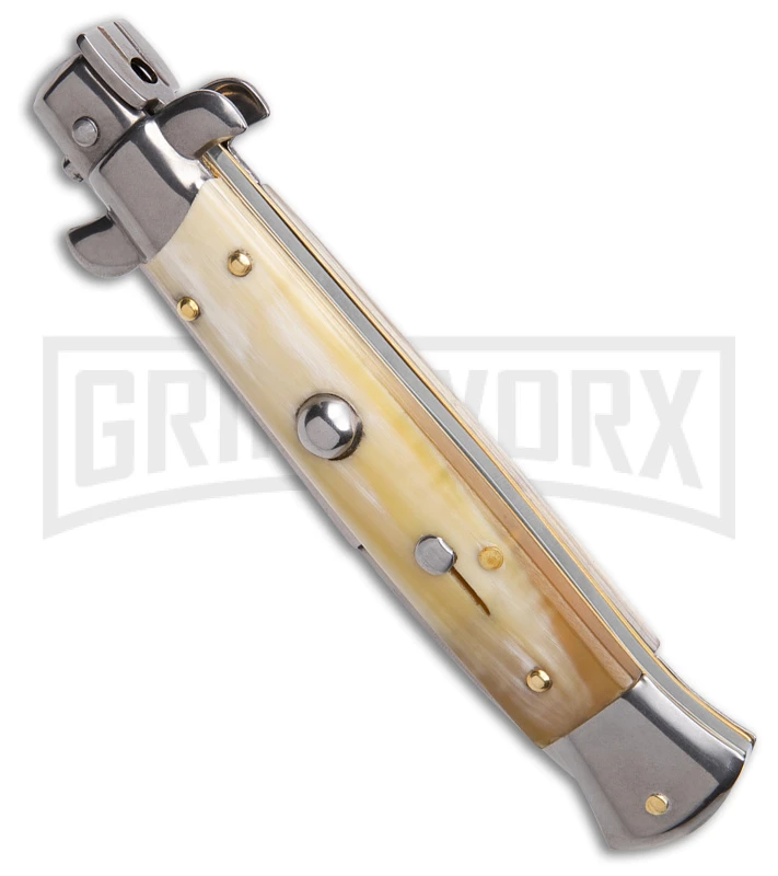 Frank B. 9" Italian Stiletto Blonde Horn Automatic Knife - Bayonet 2 Frank B. 9" Italian Stiletto Blonde Horn Automatic Knife - Bayonet - Image 2
