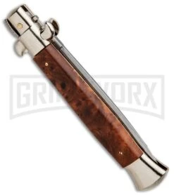 Frank B 9" Italian Stiletto Briar Wood Automatic Knife - Dagger Satin -Kershaw Sale Store Frank B 9in Italian Stiletto Briar Wood Auto Dagger BP 30454 jr side large