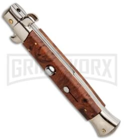 Frank B 9" Italian Stiletto Briar Wood Automatic Knife - Dagger Satin -Kershaw Sale Store Frank B 9in Italian Stiletto Briar Wood Auto Dagger BP 30454 jr spine large