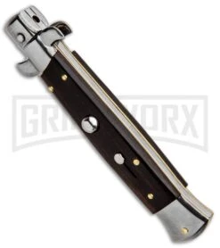 Frank B 9" Italian Stiletto Ebony Automatic Knife - Bayo Satin -Kershaw Sale Store Frank B 9in Italian Stiletto Ebony Wood Auto Bayo BP 30455 jr spine large