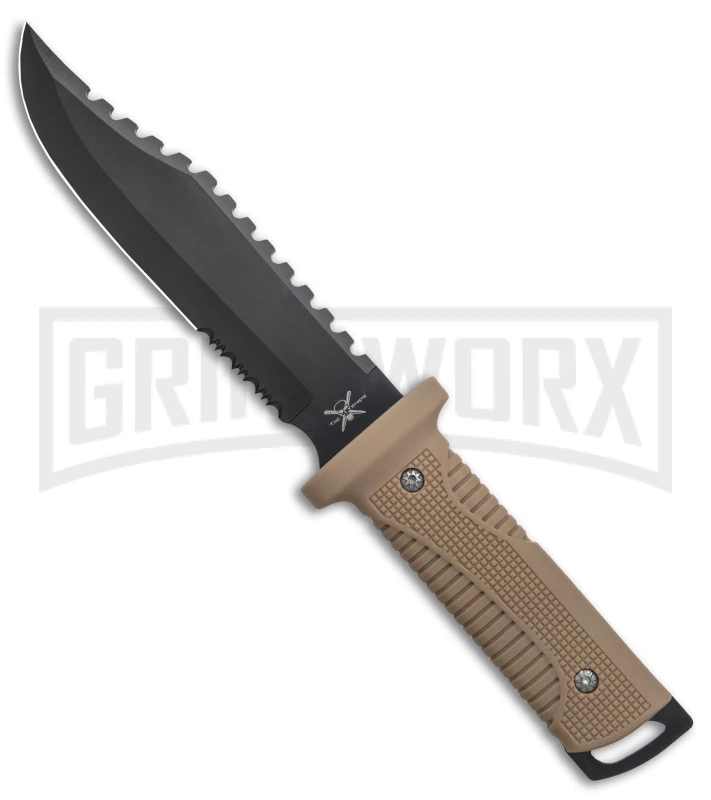 Frost 12" Fixed Blade Knife Tan Rubber Serr Spine W/ Sheath (12.6" Black Serr) 1 Frost 12" Fixed Blade Knife Tan Rubber Serr Spine W/ Sheath (12.6" Black Serr)