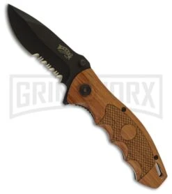 Frost Cutlery Chuck Brown Wood Spring Assisted Knife - Black Serrated
