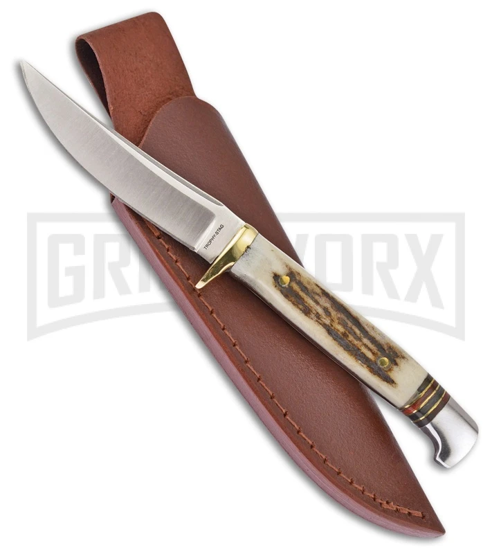 Frost Cutlery Trophy Stag Small Bowie White Fixed Blade Knife - Satin Plain 1 Frost Cutlery Trophy Stag Small Bowie White Fixed Blade Knife - Satin Plain