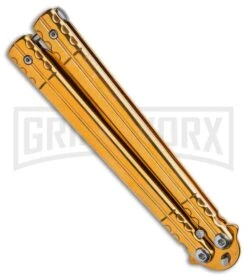 Chalkhill Balisong Butterfly Knife - Gold Tanto 5 Chalkhill Balisong Butterfly Knife - Gold Tanto -Kershaw Sale Store Gold Balisong Clip Point Butterfly Knife Gold Finish GX 37652 td spine large