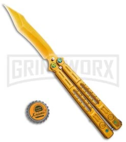 Chalkhill Balisong Butterfly Knife - Gold Tanto Skeletonized -Kershaw Sale Store Gold Balisong Clip Point Butterfly Knife Gold Finish GX 37655 td size large