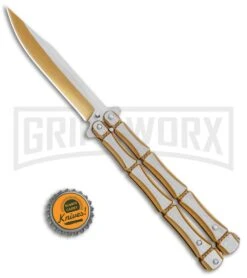 Gold Bone Balisong Drop Point Butterfly Knife - 2 Tone Plain -Kershaw Sale Store Gold Bone Balisong DP Butterfly TT Plain GX 37370 jr bottlecap large
