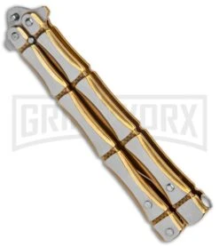 Gold Bone Balisong Drop Point Butterfly Knife - 2 Tone Plain -Kershaw Sale Store Gold Bone Balisong DP Butterfly TT Plain GX 37370 jr side large